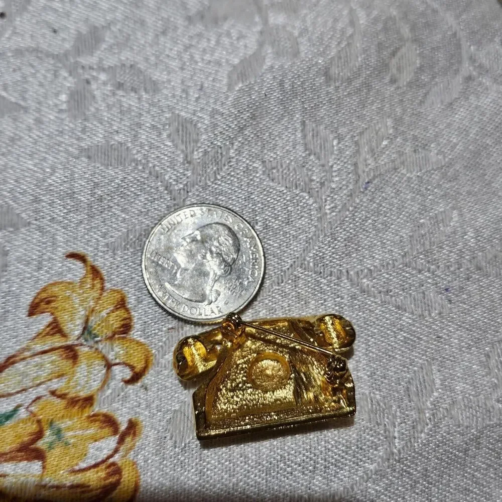 vintage rotary phone gold tone brooch